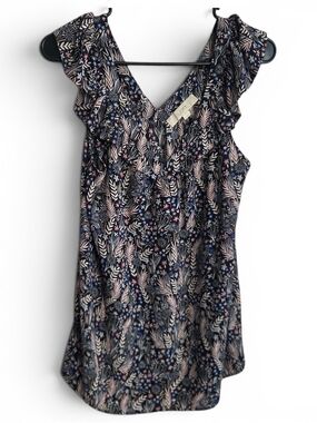 Loft Navy Floral Ruffle V-Neck Women's Top